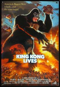 8r256 KING KONG LIVES 1sh '86 great artwork of huge unhappy ape attacked by army!