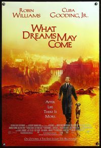 8r533 WHAT DREAMS MAY COME DS advance 1sh '98 Robin Williams walks w/dog in the afterlife!