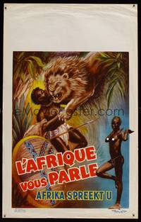 8s521 AFRICA SPEAKS Belgian '50s cool art of tribesman fighting lion & sexy native!