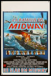 8s543 MIDWAY Belgian '76 Charlton Heston, Henry Fonda, dramatic naval battle art!