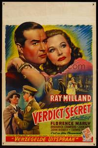 8s578 SEALED VERDICT Belgian '48 artwork of Ray Milland & sexy Florence Marly embracing!