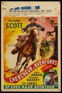 8s590 SUGARFOOT Belgian '51 cool art of cowboy Randolph Scott on horseback!