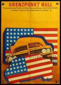 8s121 VANISHING POINT style B East German 22x32 '75 cult classic, Scheubert art of car & flag!