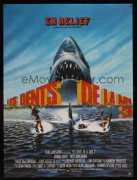 8s386 JAWS 3-D French 15x20 '83 great Gary Meyer shark artwork, the third dimension is terror!