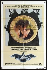 8t876 THREE DAYS OF THE CONDOR 1sh '75 secret agent Robert Redford & Faye Dunaway!