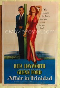 8t003 AFFAIR IN TRINIDAD style B 1sh '52 full-length art of Glenn Ford & sexy Rita Hayworth!