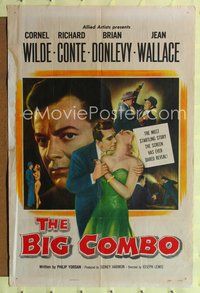 8t088 BIG COMBO 1sh '55 art of Cornel Wilde & sexy Jean Wallace, classic film noir!