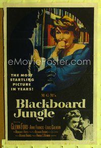 8t099 BLACKBOARD JUNGLE 1sh '55 Richard Brooks classic, art of terrified Margaret Hayes attacked!