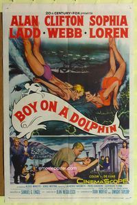 8t118 BOY ON A DOLPHIN 1sh '57 art of Alan Ladd & sexiest Sophia Loren swimming underwater!