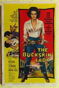 8t133 BUCKSKIN LADY 1sh '57 sexy full-length bad cowgirl Medina with both guns drawn!