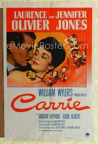 8t156 CARRIE 1sh '52 romantic art of Laurence Olivier & Jennifer Jones, William Wyler!