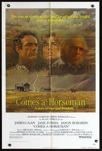 8t183 COMES A HORSEMAN 1sh '78 cool art of James Caan, Jane Fonda & Jason Robards in the sky!