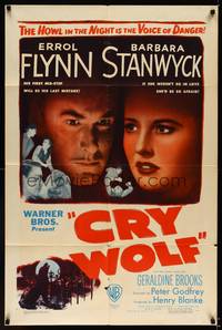 8t207 CRY WOLF 1sh '47 cool close image of Errol Flynn & Barbara Stanwyck!