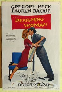 8t240 DESIGNING WOMAN style A 1sh '57 Greg Peck kisses Lauren Bacall!