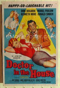 8t258 DOCTOR IN THE HOUSE 1sh '55 great art of Dr. Dirk Bogarde examining super sexy babe!