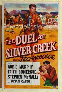8t277 DUEL AT SILVER CREEK 1sh '52 art of sherriff Audie Murphy, Faith Domergue!