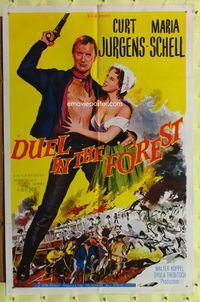 8t278 DUEL IN THE FOREST 1sh '58 artwork of barechested Curd Jurgens, Maria Schell