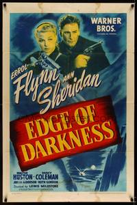 8t284 EDGE OF DARKNESS 1sh '42 great image of Errol Flynn & Ann Sheridan, both pointing guns!