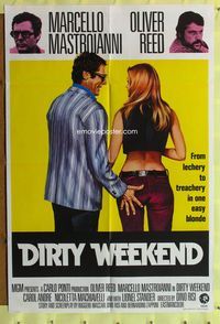 8t255 DIRTY WEEKEND English 1sh '73 Marcello Mastroianni grabs sexy Carole Andre's butt!