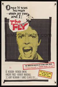 8t309 FLY 1sh '58 classic sci-fi, great close up of girl screaming as seen through fly's eyes!