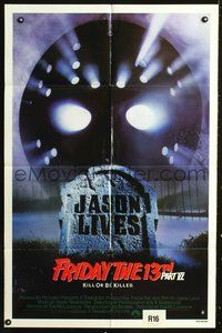8t325 FRIDAY THE 13th PART VI 1sh '86 Jason Lives, cool image of hockey mask & tombstone!