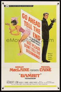 8t338 GAMBIT 1sh '67 art of sexy Shirley MacLaine & Michael Caine preparing for crime!