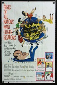8t354 GLOBAL AFFAIR 1sh '64 great art of Bob Hope spinning Earth & sexy girls, Yvonne De Carlo!
