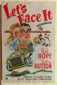 8t506 LET'S FACE IT style A 1sh '43 cool art of Bob Hope & Betty Hutton in jeep!