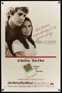 8t537 LOVE STORY 1sh '70 great romantic close up of Ali MacGraw & Ryan O'Neal!