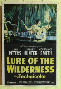 8t540 LURE OF THE WILDERNESS 1sh '52 art of sexy Jean Peters holding wounded Jeff Hunter in swamp!