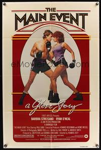 8t552 MAIN EVENT 1sh '79 great full-length image of Barbra Streisand boxing with Ryan O'Neal!