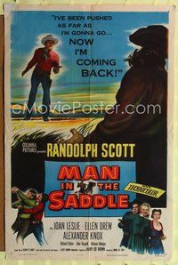 8t561 MAN IN THE SADDLE 1sh '51 cowboy Randolph Scott in western action, Joan Leslie!
