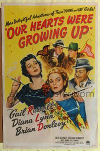 8t662 OUR HEARTS WERE GROWING UP style A 1sh '46 art of sexy Gail Russell & Diana Lynn!