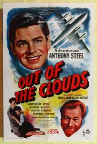 8t665 OUT OF THE CLOUDS 1sh '57 airplane pilot Anthony Steel, James Robertson Justice!