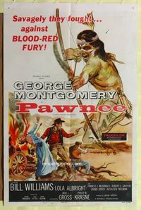 8t680 PAWNEE 1sh '57 cool full-length art of Native American with bow & arrow!