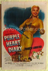 8t714 PURPLE HEART DIARY 1sh '51 huge image of sexy Frances Langford, she entraces those G.I. guys