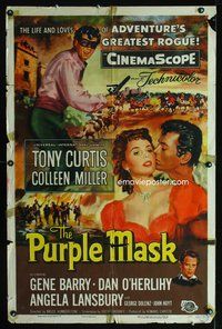 8t715 PURPLE MASK 1sh '55 masked avenger Tony Curtis w/pretty Colleen Miller!