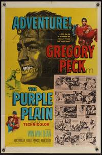 8t716 PURPLE PLAIN 1sh '55 great comic artwork of Gregory Peck, written by Eric Ambler!