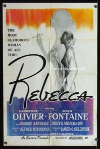 8t724 REBECCA 1sh R70s Alfred Hitchcock, profile art of smoking Joan Fontaine!