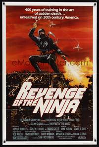 8t734 REVENGE OF THE NINJA 1sh '83 cool artwork of ninja throwing weapons in mid-air!
