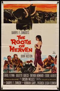 8t746 ROOTS OF HEAVEN 1sh '58 directed by John Huston, Errol Flynn & sexy Julie Greco in Africa!