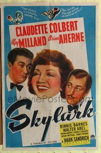 8t797 SKYLARK style A 1sh '41 great art of Claudette Colbert, Ray Milland & Brian Aherne!