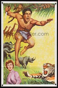 8t851 TARZAN 1sh '60s cool jungle action art of Tarzan, Jane & wild animals!