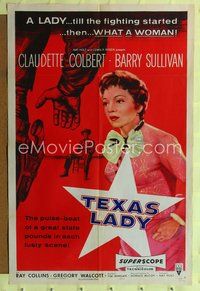 8t860 TEXAS LADY 1sh '55 great close up art of Claudette Colbert, Barry Sullivan!