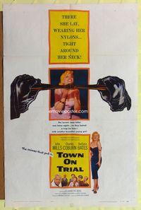 8t895 TOWN ON TRIAL 1sh '57 sexy Barbara Bates strangled by Nylon Stocking Killer!