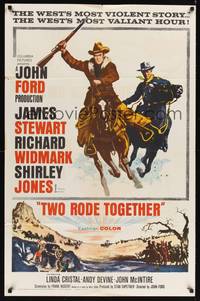 8t921 TWO RODE TOGETHER 1sh '60 John Ford, art of James Stewart & Richard Widmark on horses!