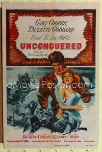 8t926 UNCONQUERED 1sh R55 art of Gary Cooper holding Paulette Goddard & two guns!