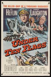 8t929 UNDER TEN FLAGS 1sh '60 art of Van Heflin, Charles Laughton & sexy Mylene Demongeot!