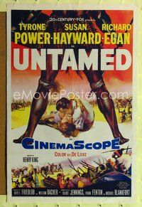 8t933 UNTAMED 1sh '55 cool art of Tyrone Power & Susan Hayward in Africa with native tribe!