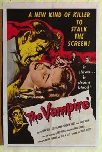 8t938 VAMPIRE 1sh '57 John Beal, it claws, it drains blood, cool art of monster & victim!